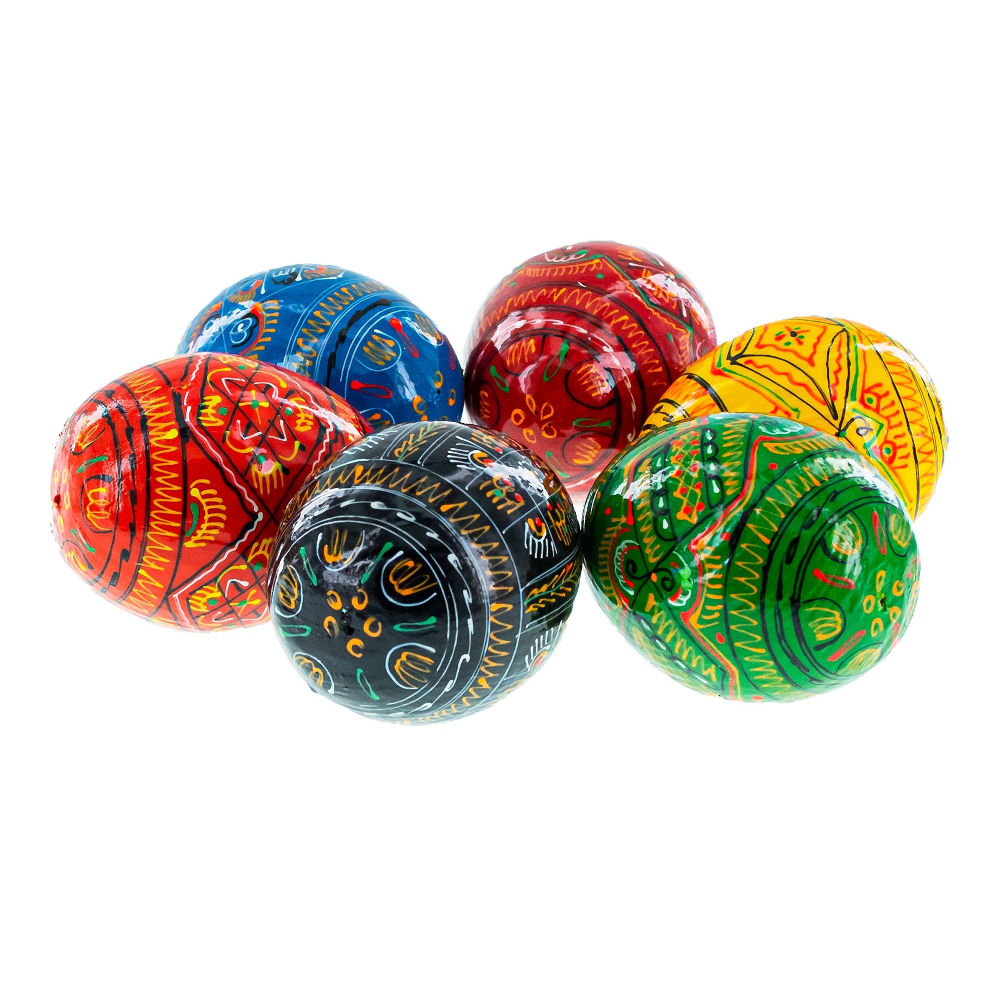 Set Of 6 Geometric Ukrainian Pysanky Wooden Easter Eggs 2.25 Inches