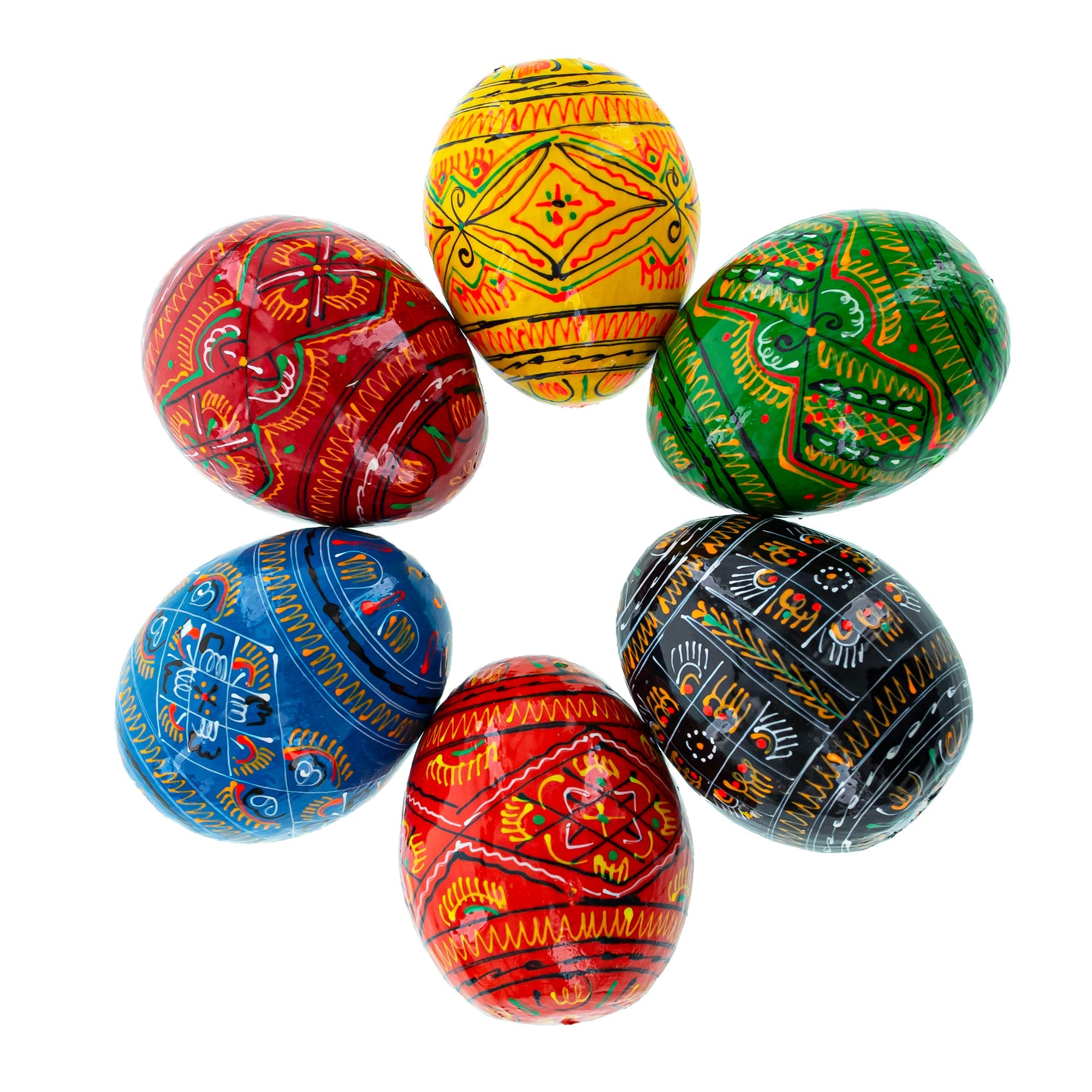 Set Of 6 Geometric Ukrainian Pysanky Wooden Easter Eggs 2.25 Inches