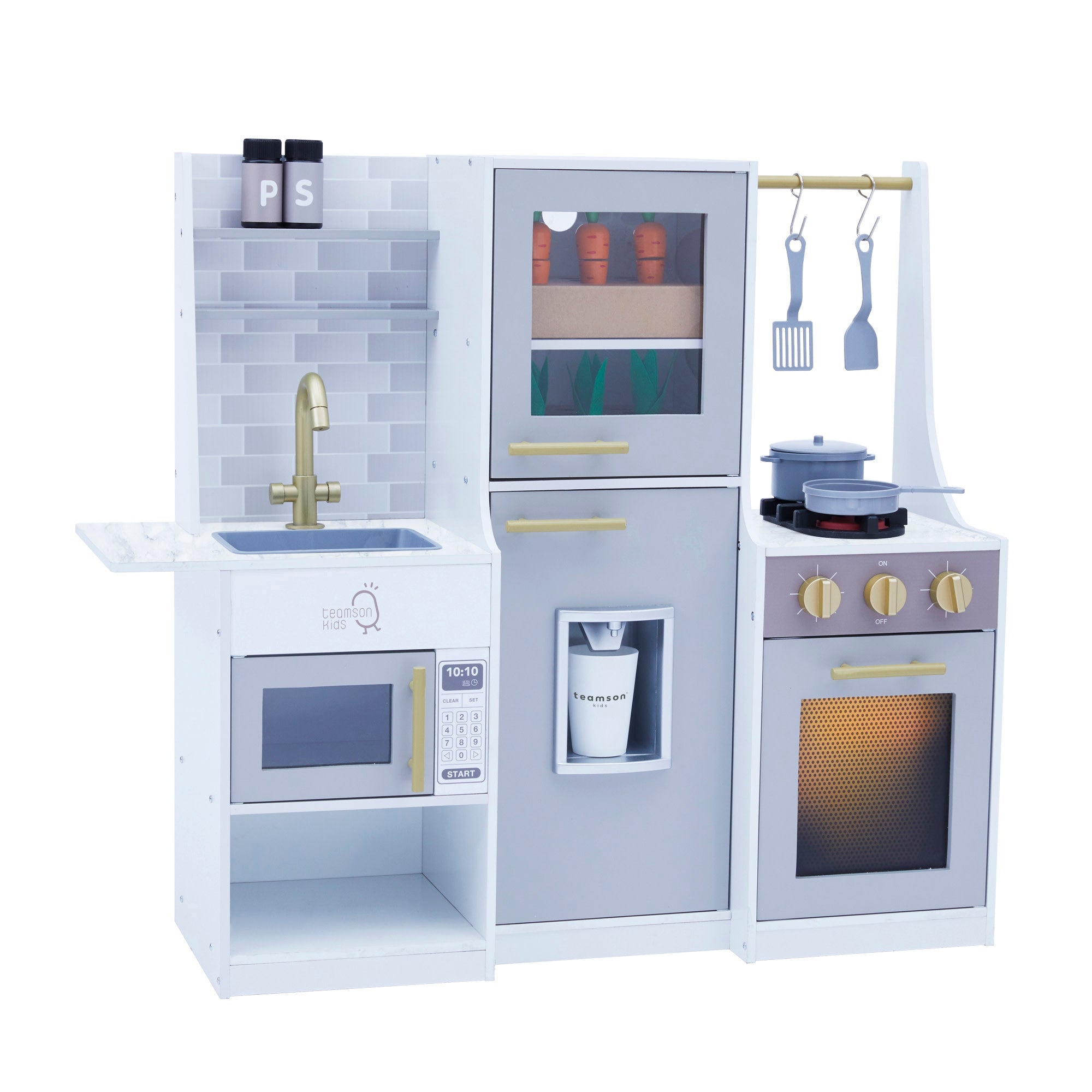 Little Chef Lyon Complete Wooden Kitchen Set With Hydroponic Garden, Refrigerator And Accessories, Gray