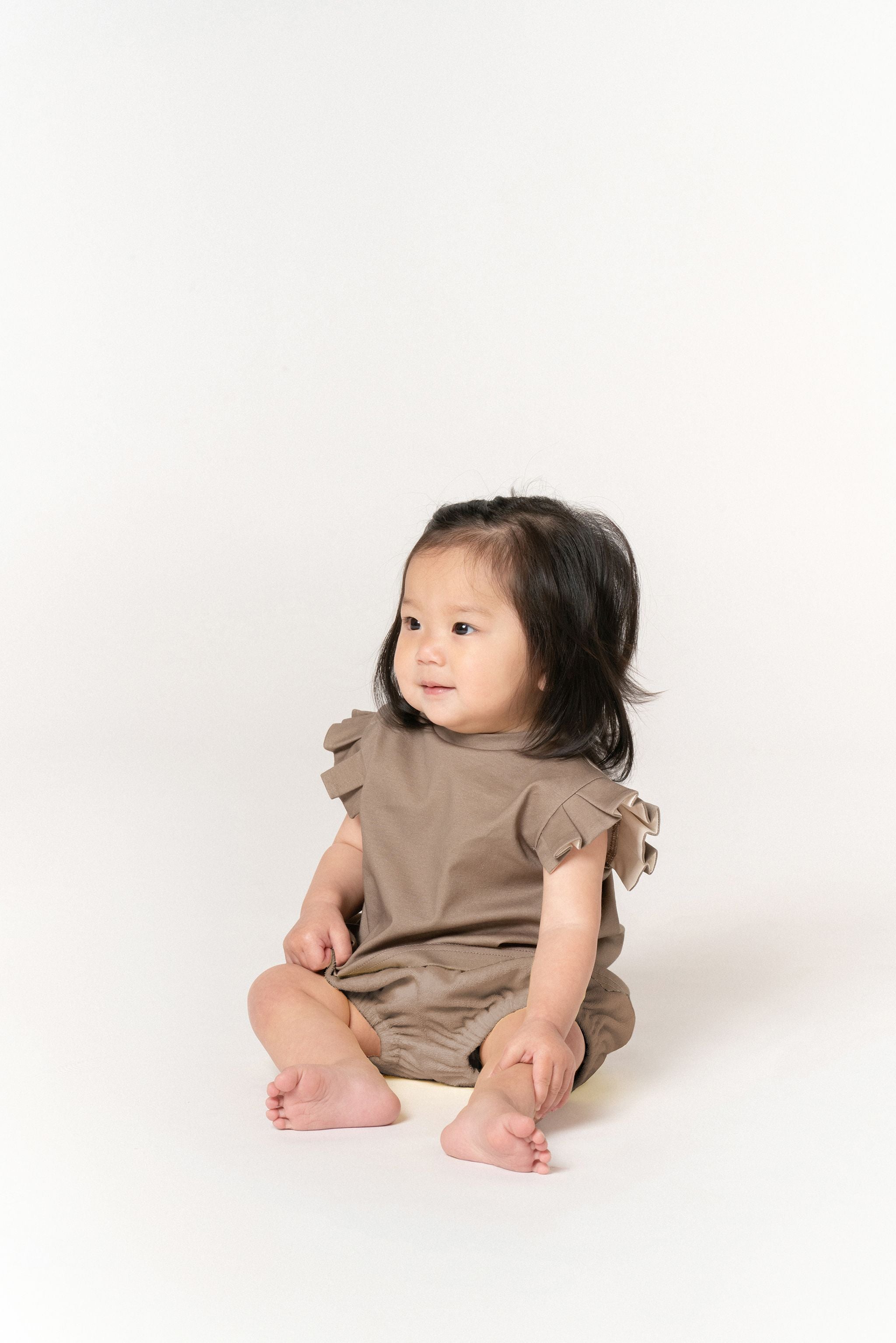 Baby Girl Jersey Top With Knife Pleated Sleeve Ruffle | Mocha