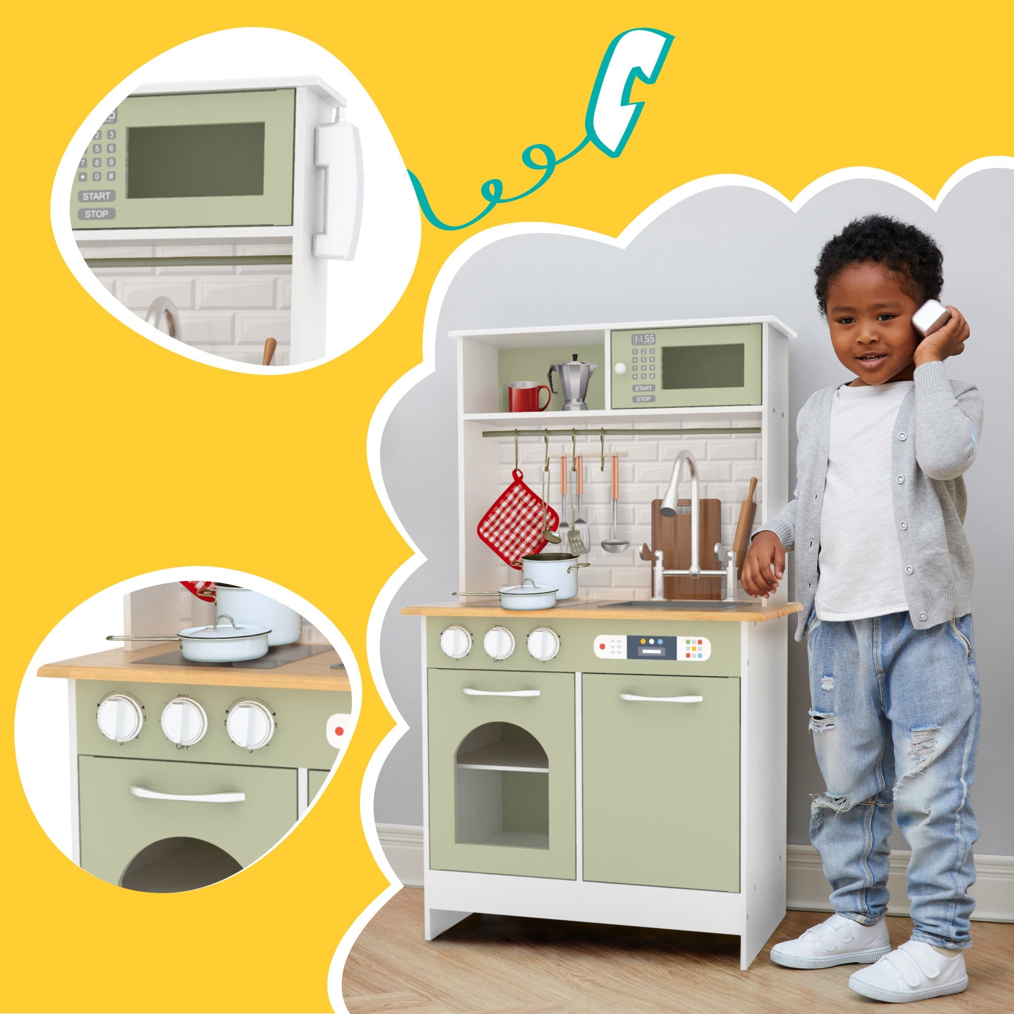 Little Chef Boston Modern Wooden Kitchen Playset, White/green