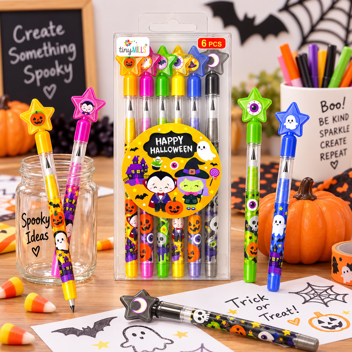 New Spooky Halloween Stackable Multi Point Pencils - Set Of 6