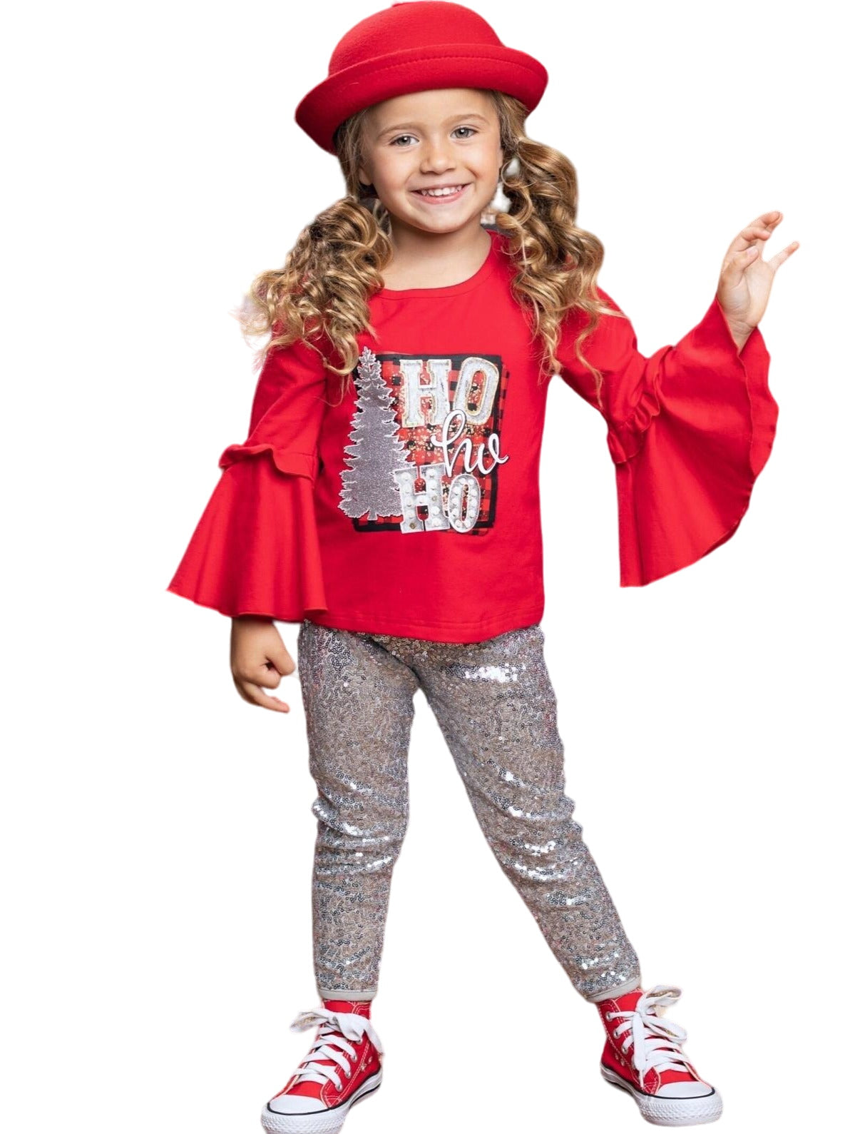 Ho Ho Ho Bell Sleeve Top And Sequin Legging Set