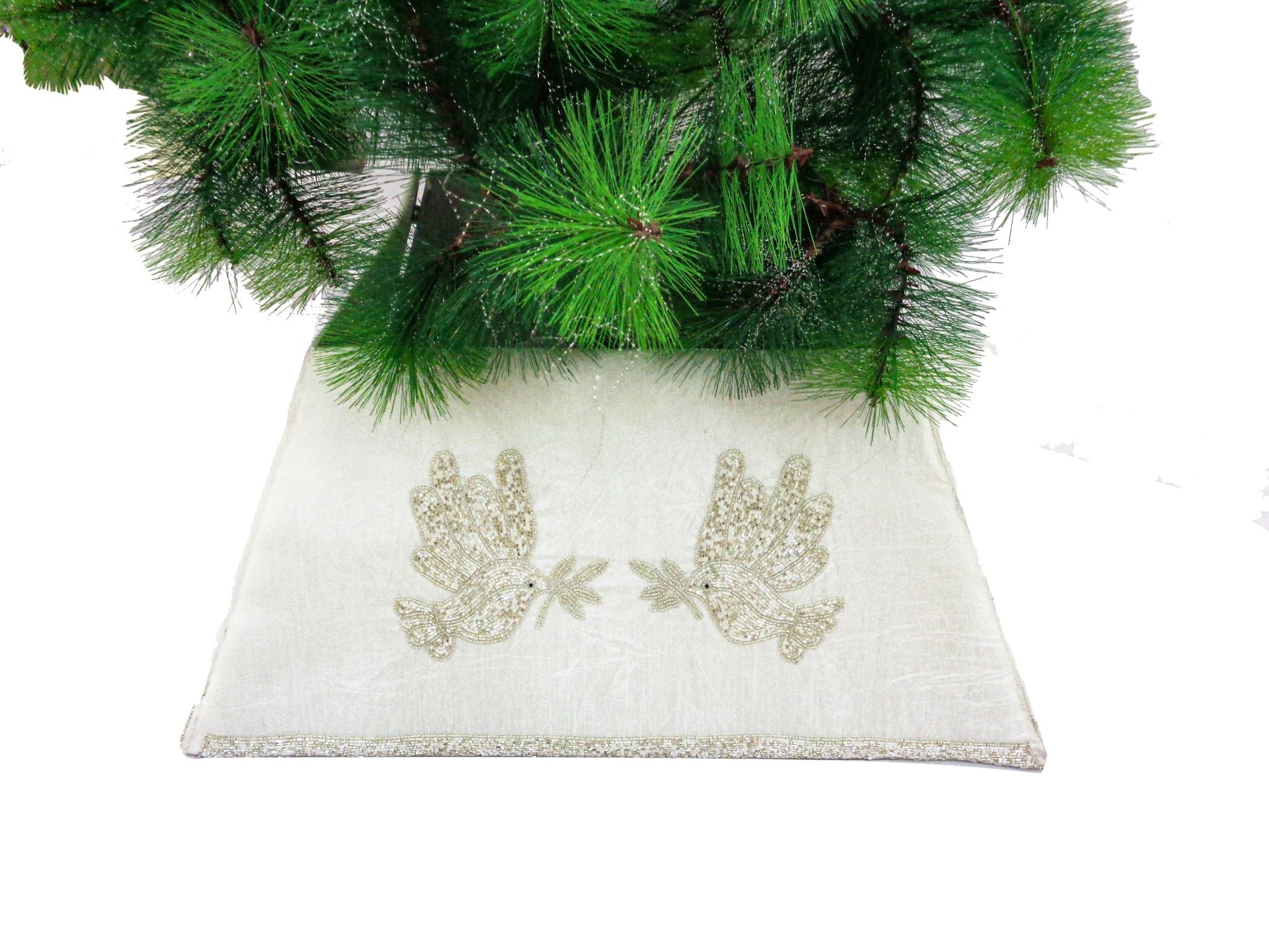 Hand Beaded Adjustable Christmas Tree Collar - Doves White Silk