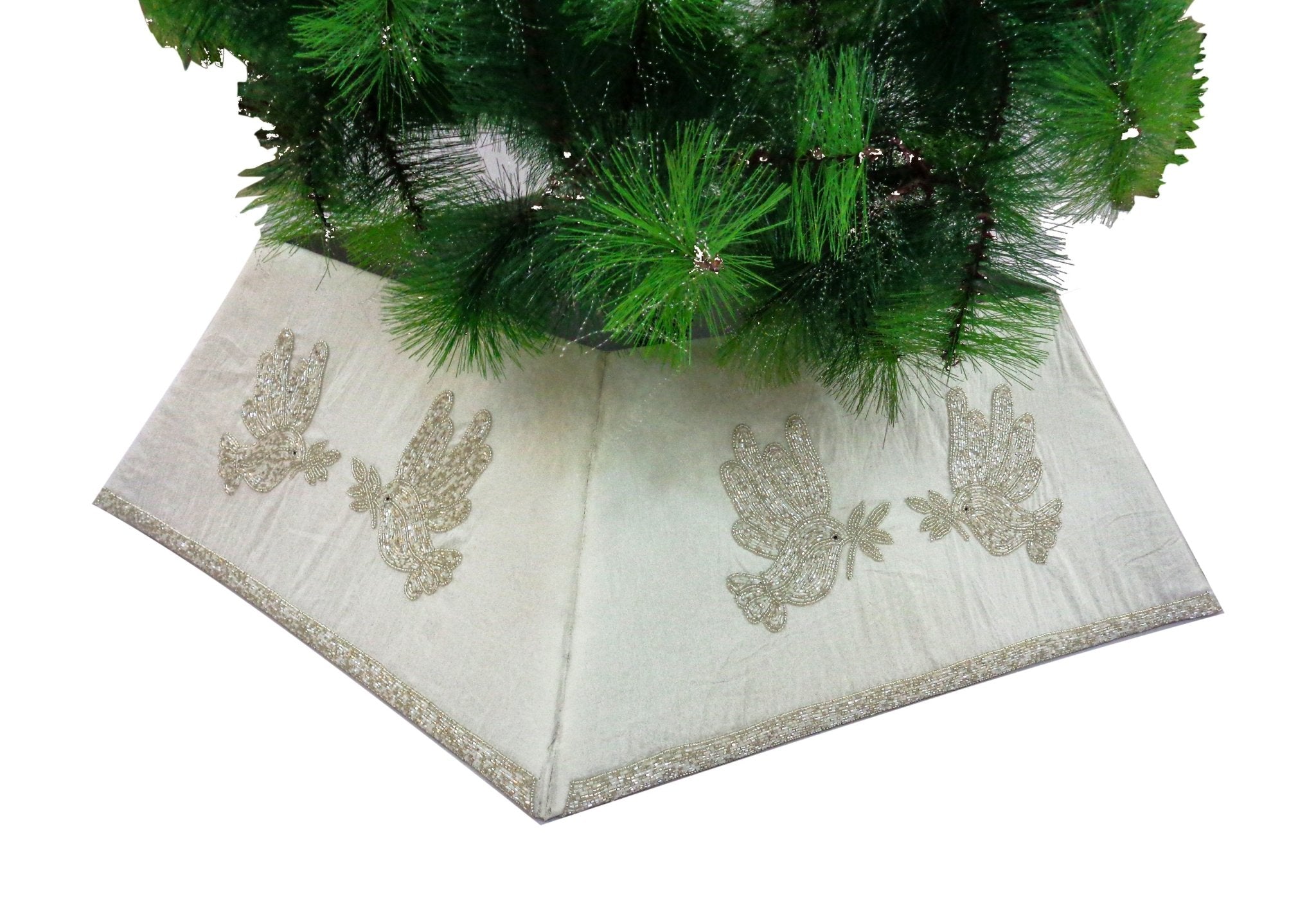 Hand Beaded Adjustable Christmas Tree Collar - Doves White Silk