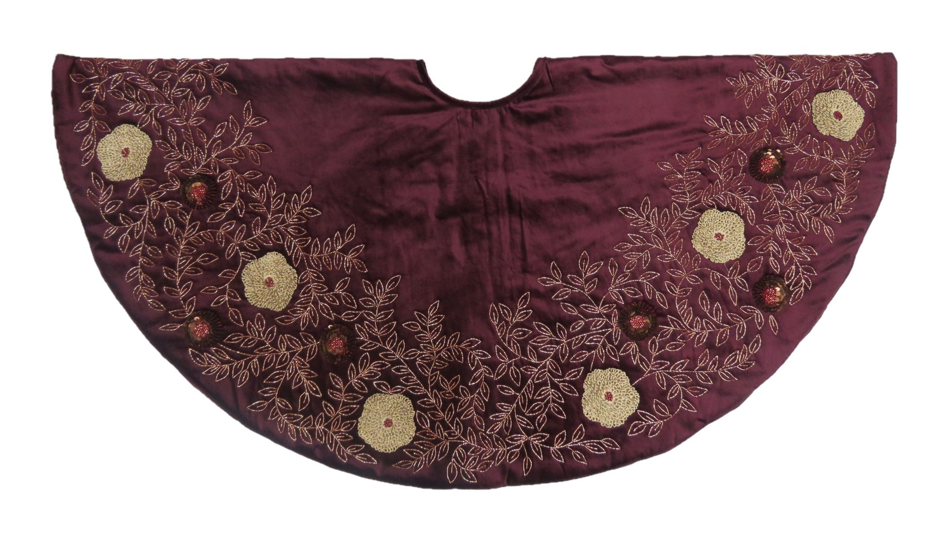 Hand Beaded Velvet Floral Wine Christmas Tree Skirt 60"