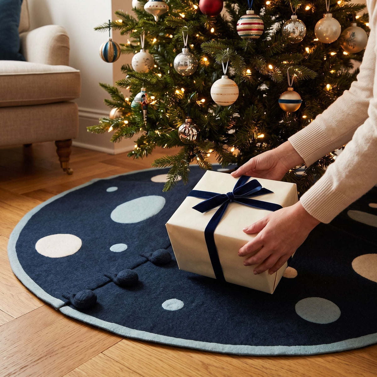 Handmade Christmas Tree Skirt In Hand Felted Wool - Blue Polka Dots - 60"