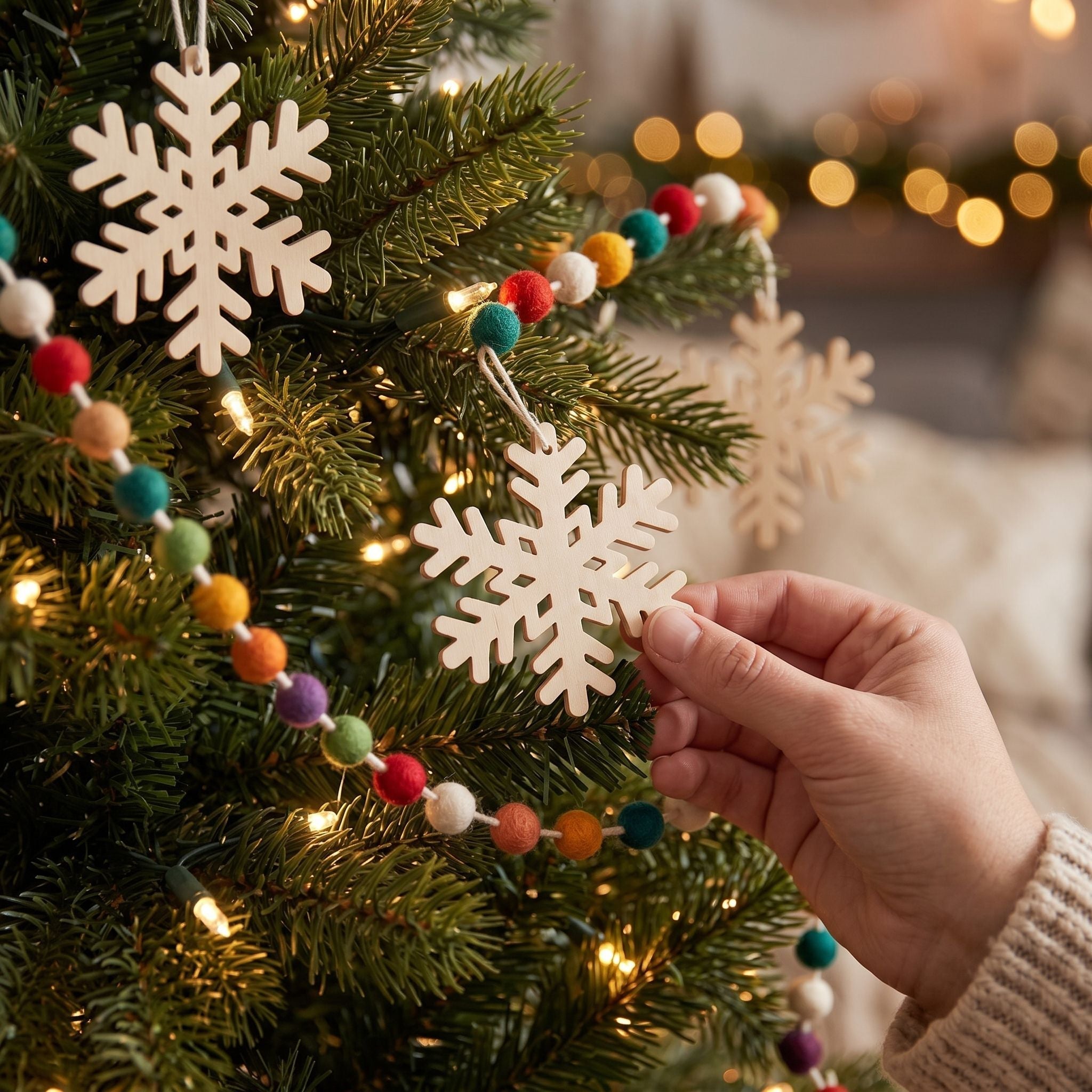 Hand Felted Wool Christmas Garland - Multicolor Dots With White Snowflakes - 6'