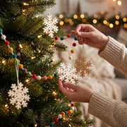 Hand Felted Wool Christmas Garland - Multicolor Dots With White Snowflakes - 6'