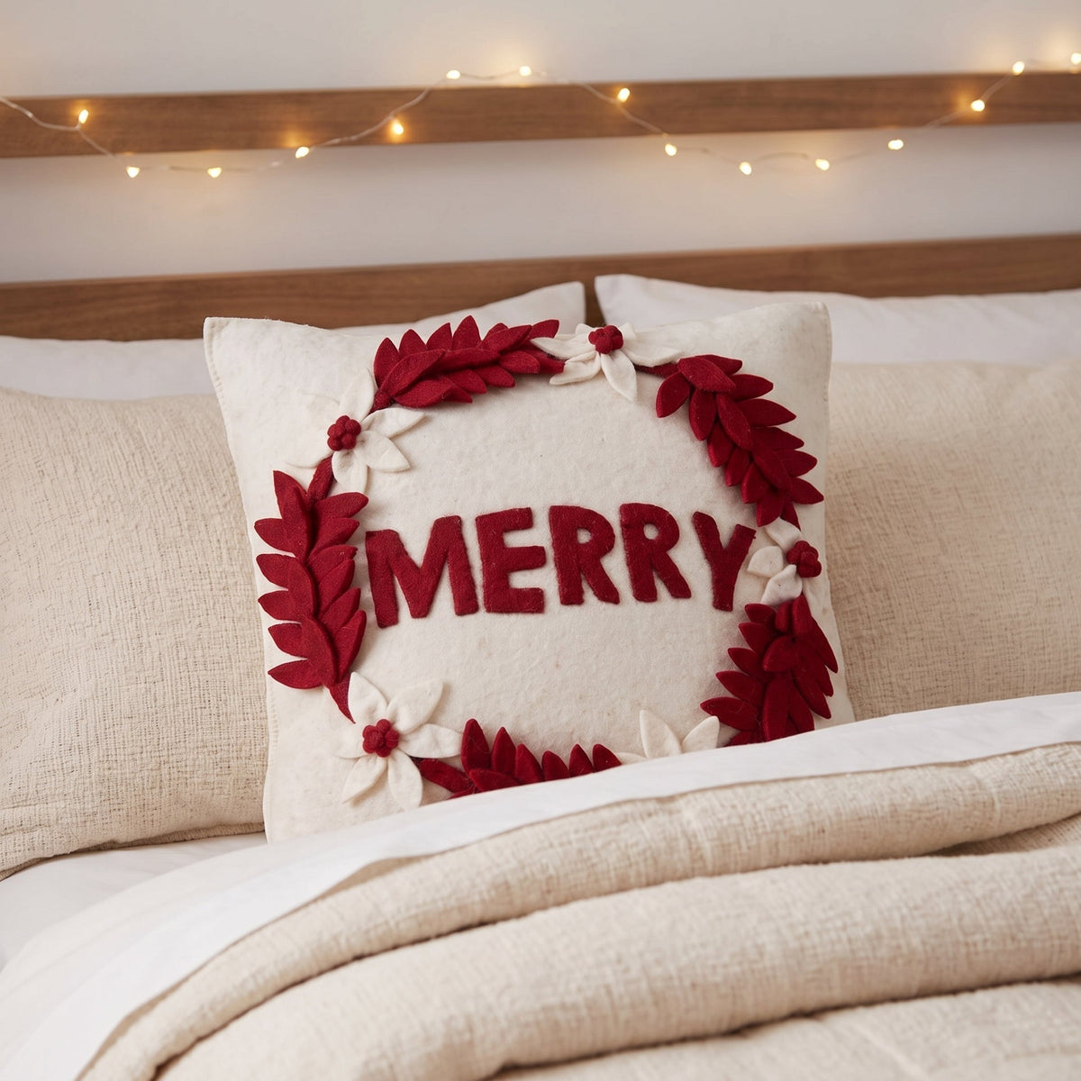 Hand Felted Wool Christmas Pillow - Merry Wreath Cream - 20"