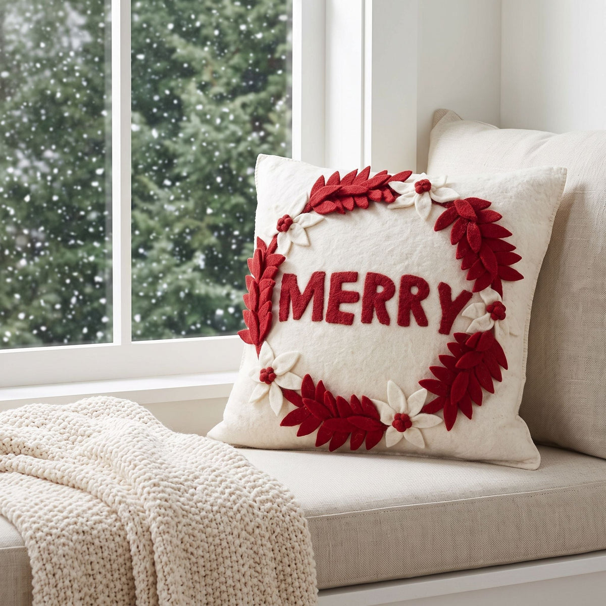 Hand Felted Wool Christmas Pillow - Merry Wreath Cream - 20"