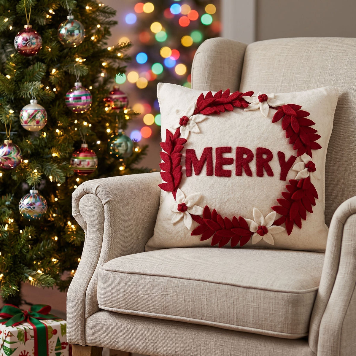 Hand Felted Wool Christmas Pillow - Merry Wreath Cream - 20"