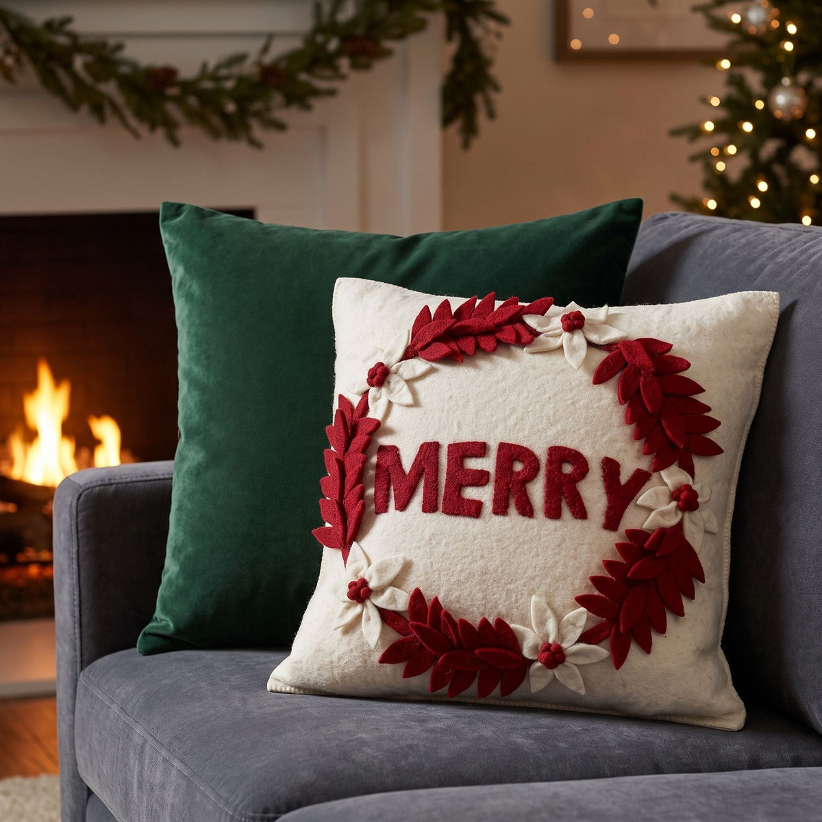 Hand Felted Wool Christmas Pillow - Merry Wreath Cream - 20"