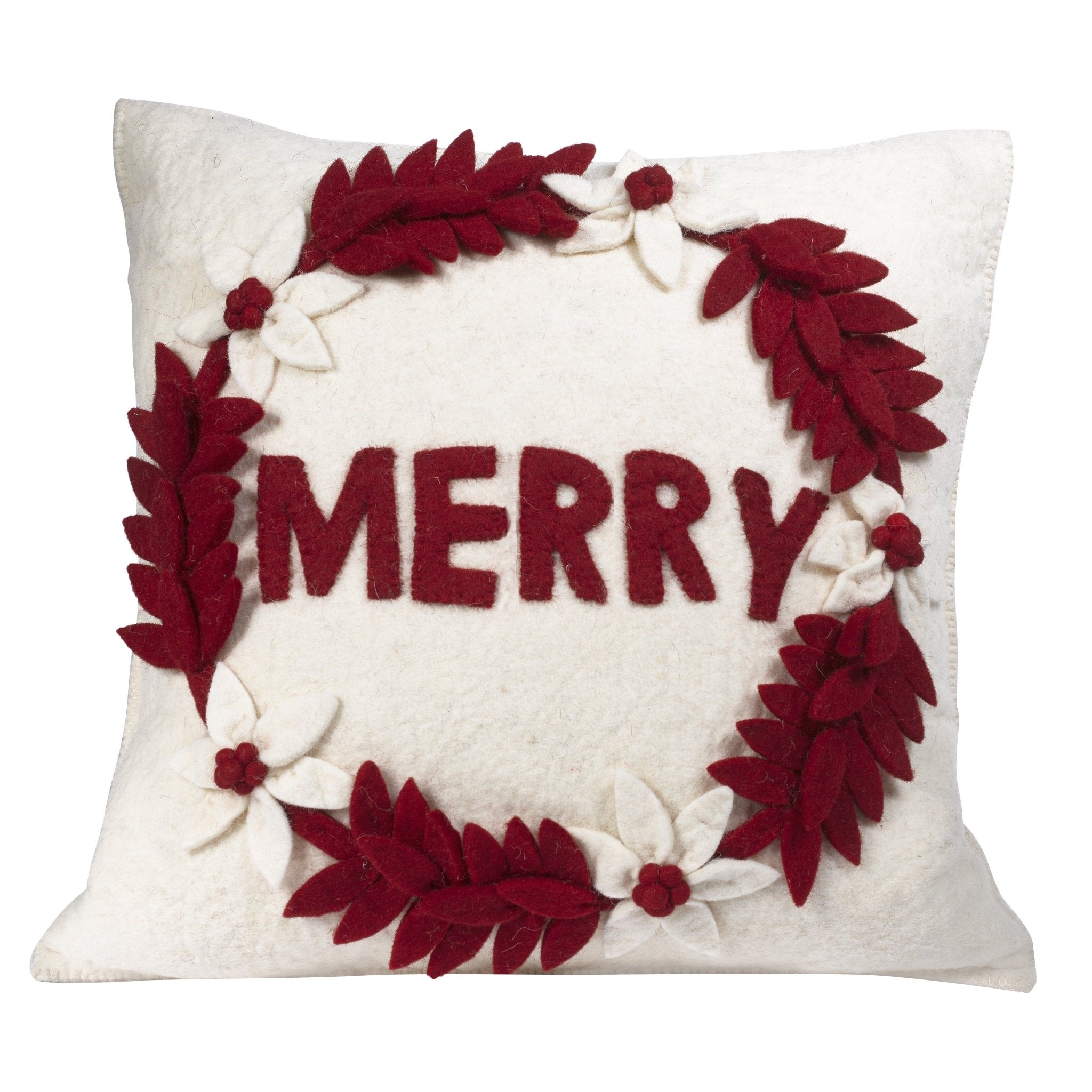 Hand Felted Wool Christmas Pillow - Merry Wreath Cream - 20"