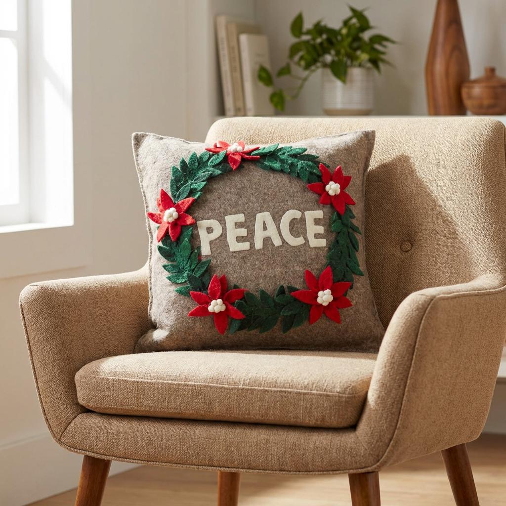 Hand Felted Wool Christmas Pillow - Peace Wreath Natural Gray - 20"