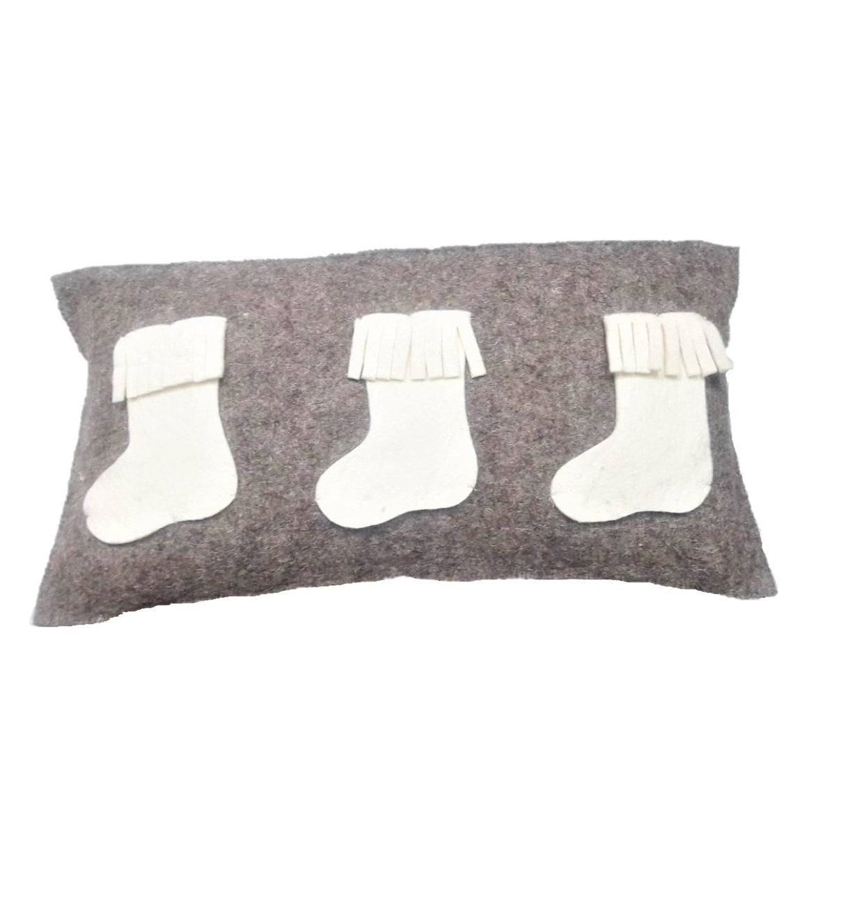 Hand Felted Wool Christmas Pillow – White Stockings Gray – 12x24”