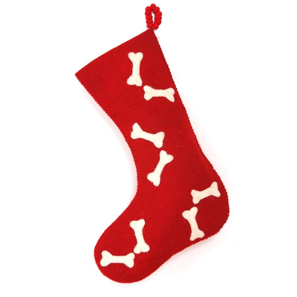 Hand Felted Wool Christmas Stocking - Bones Red