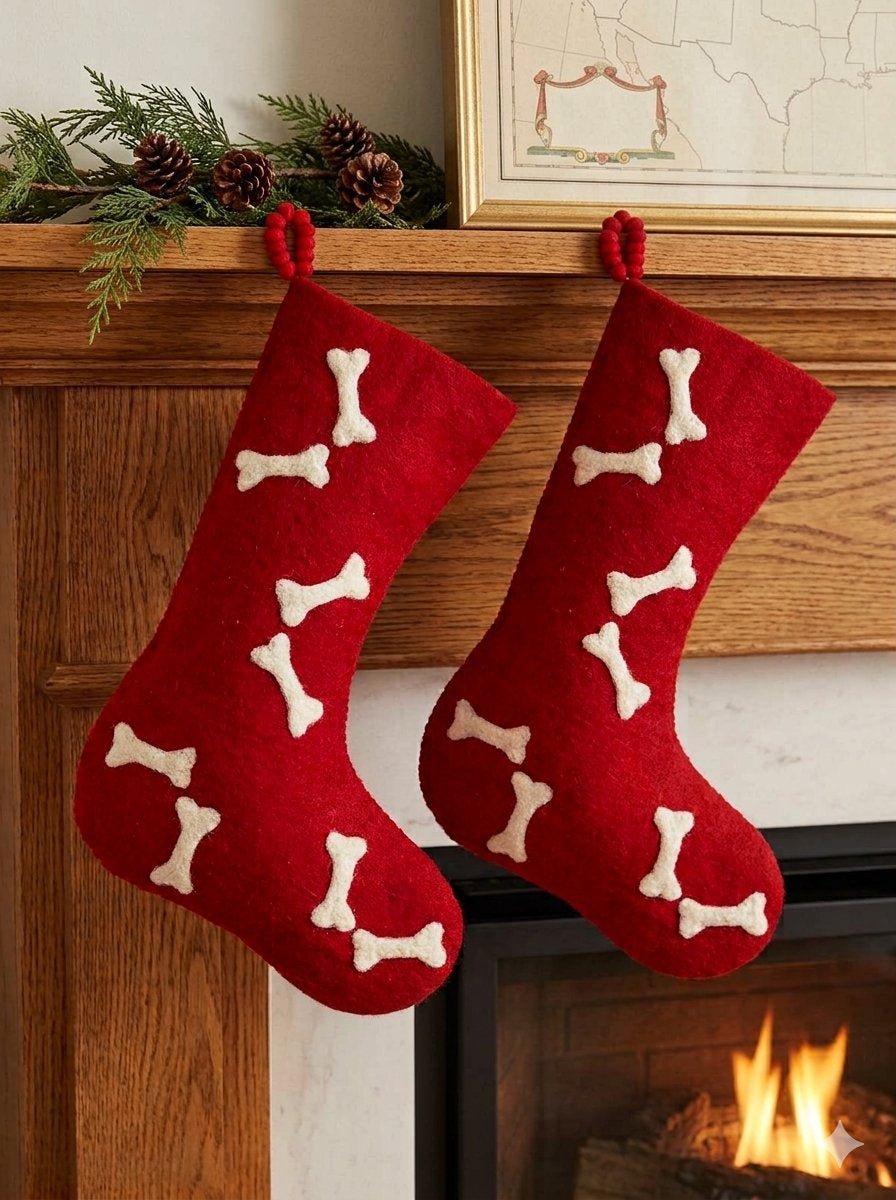 Hand Felted Wool Christmas Stocking - Bones Red