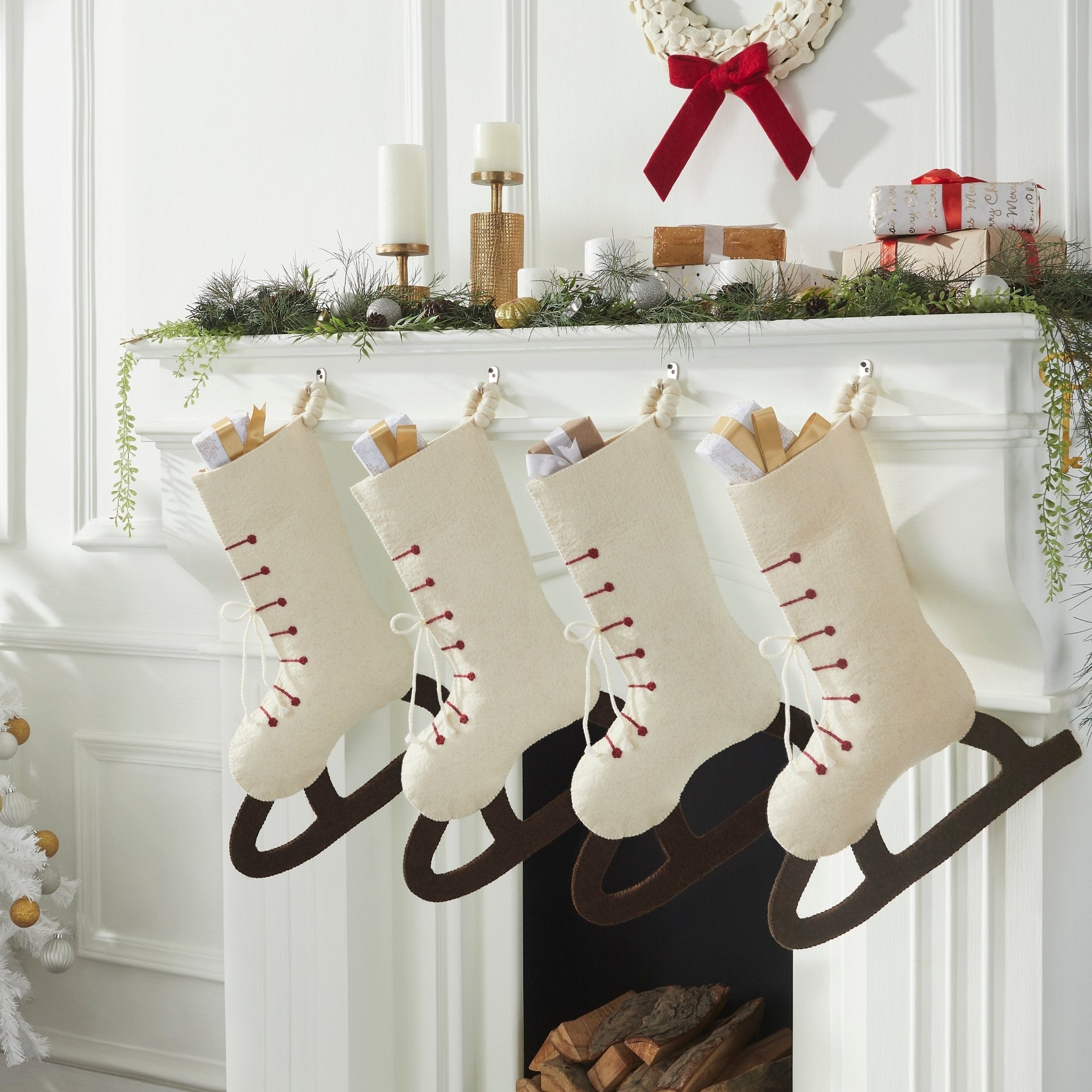 Hand Felted Wool Christmas Stocking - Cream Skate