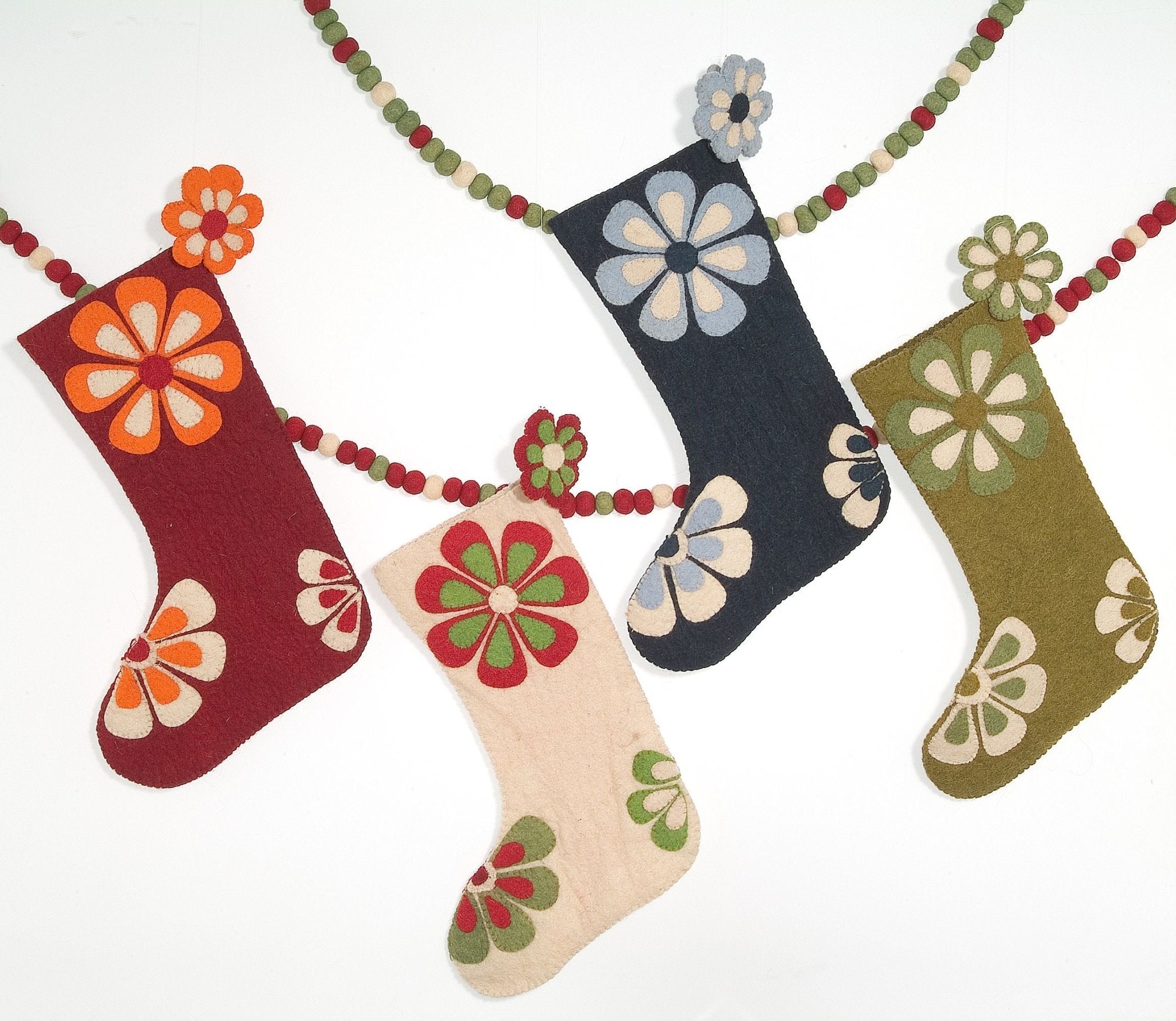 Hand Felted Wool Christmas Stocking - Flower Power Ivory Red And Green Arcadia Home