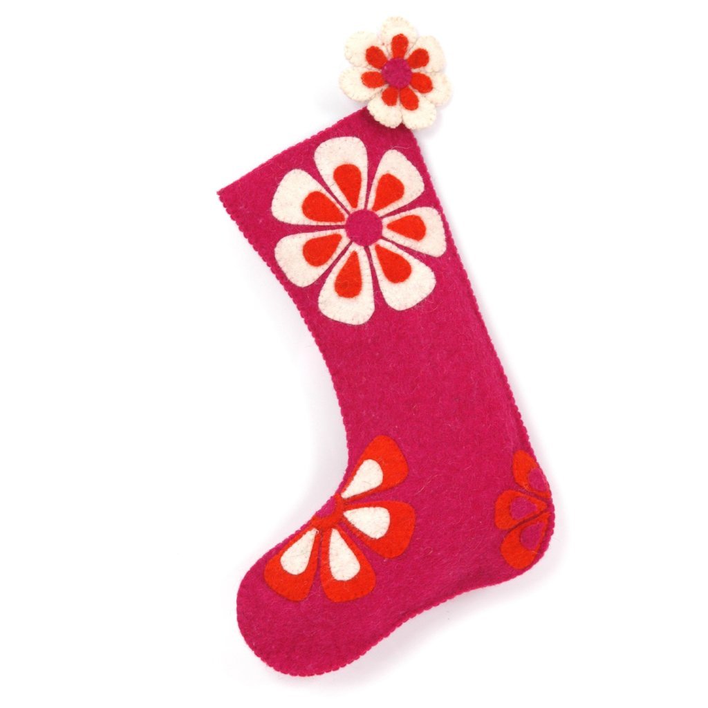 Hand Felted Wool Christmas Stocking - Flower Power Pink And Orange Arcadia Home