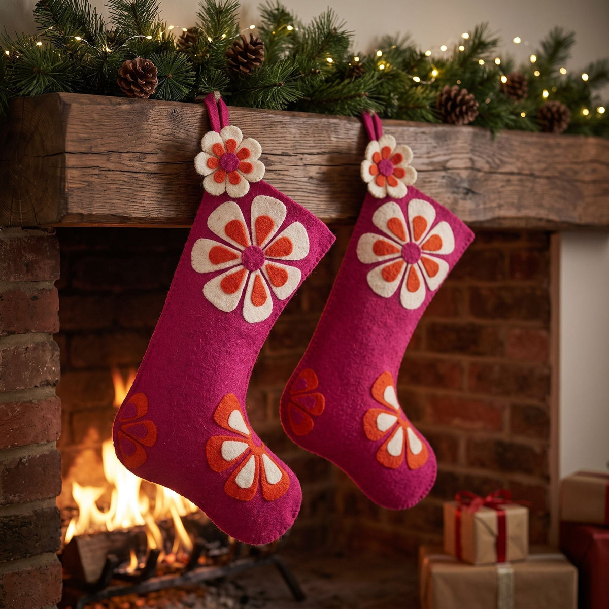 Hand Felted Wool Christmas Stocking - Flower Power Pink And Orange Arcadia Home