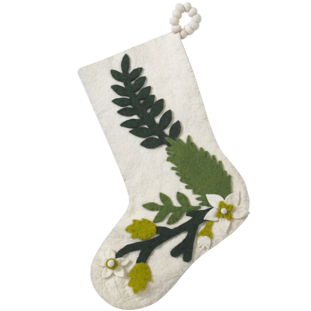 Hand Felted Wool Christmas Stocking - Green Leaves Cream