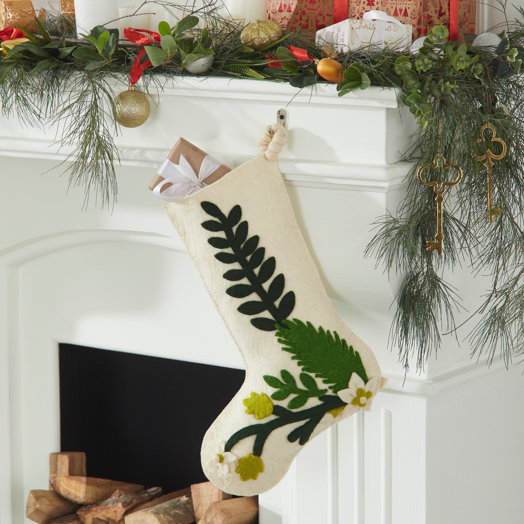 Hand Felted Wool Christmas Stocking - Green Leaves Cream