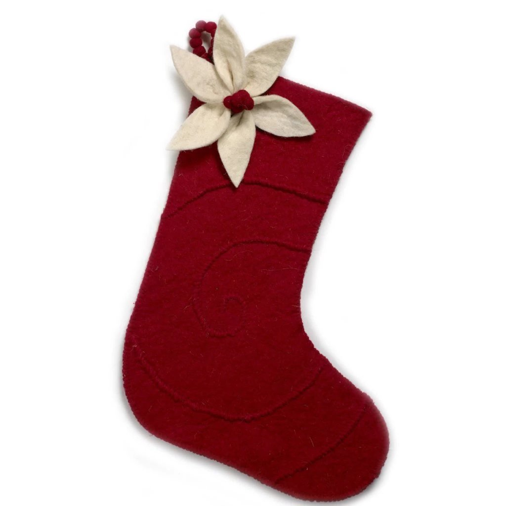 Poinsettia Hand Felted Wool Red Christmas Stocking