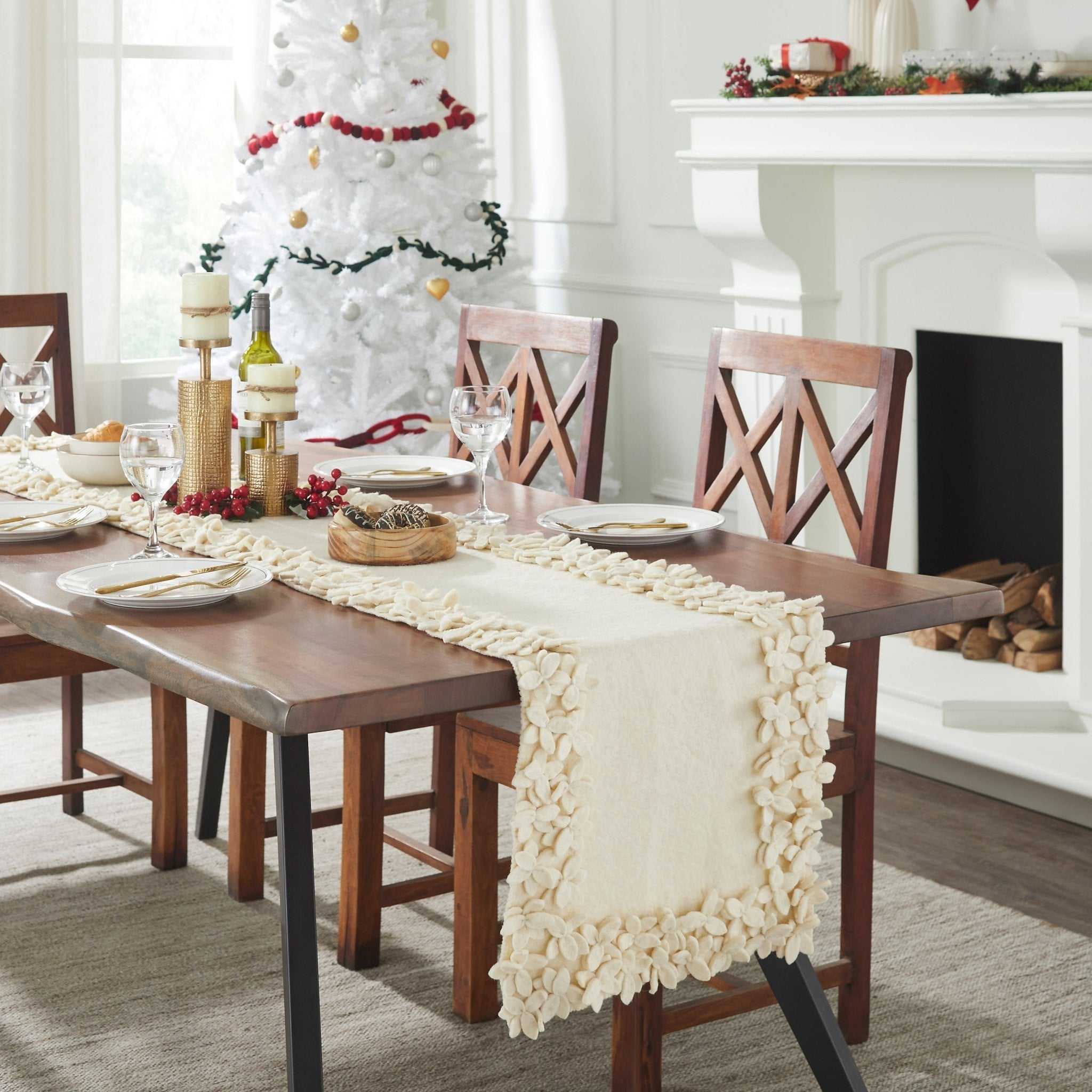 Hand Felted Wool Floral Border Table Runner Cream, 16x90"