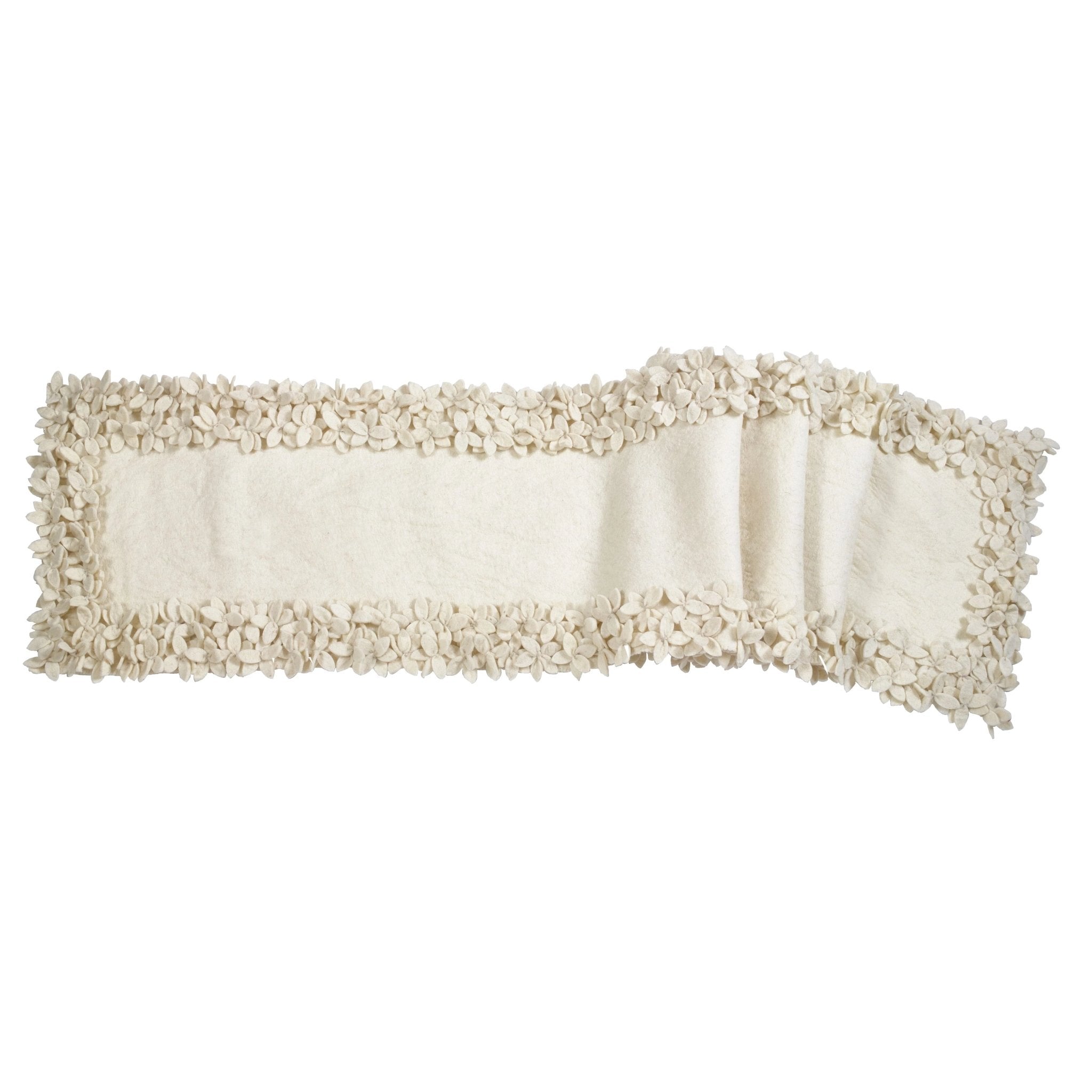Hand Felted Wool Floral Border Table Runner Cream, 16x90"