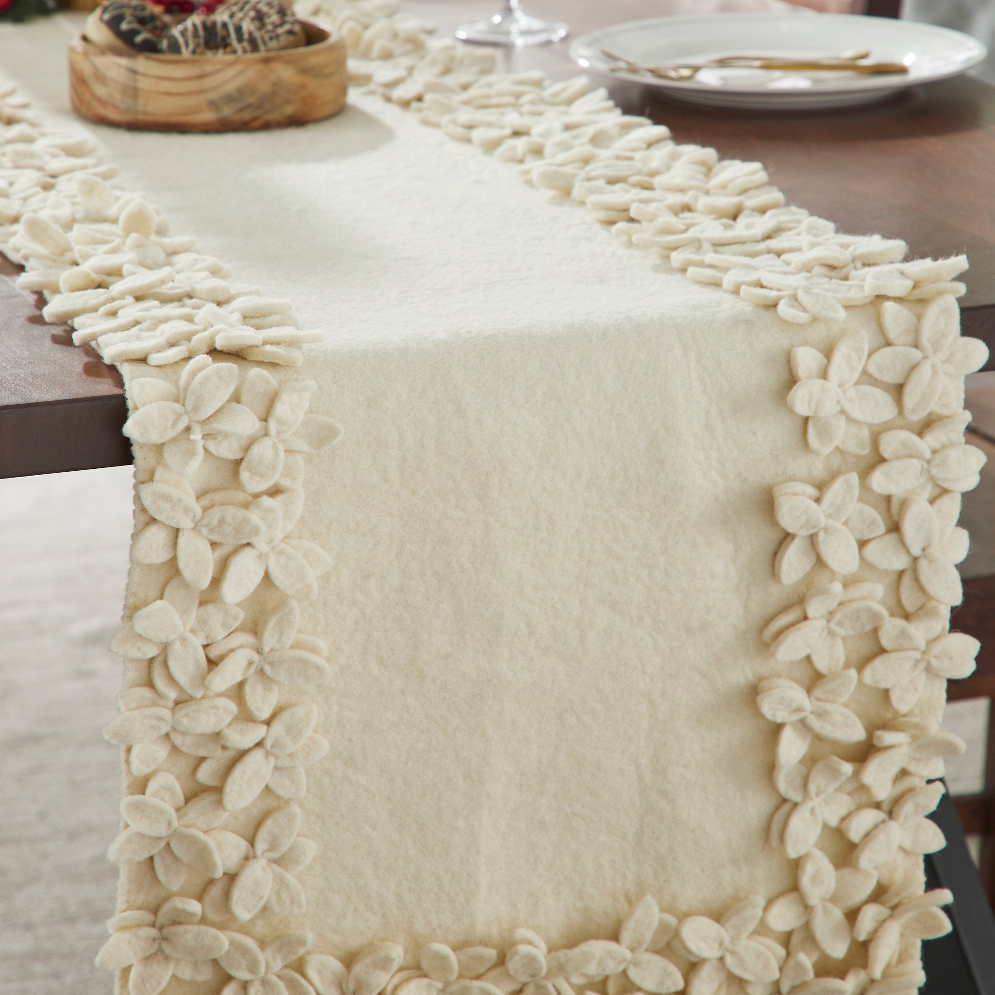 Hand Felted Wool Floral Border Table Runner Cream, 16x90"