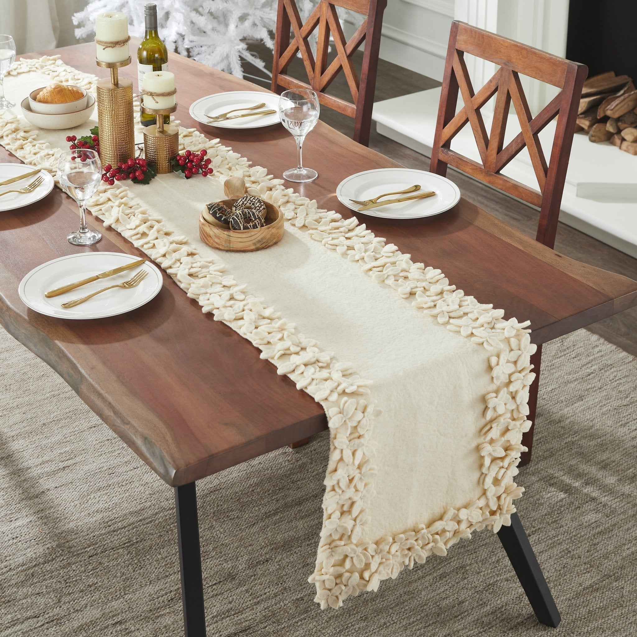 Hand Felted Wool Floral Border Table Runner Cream, 16x90"