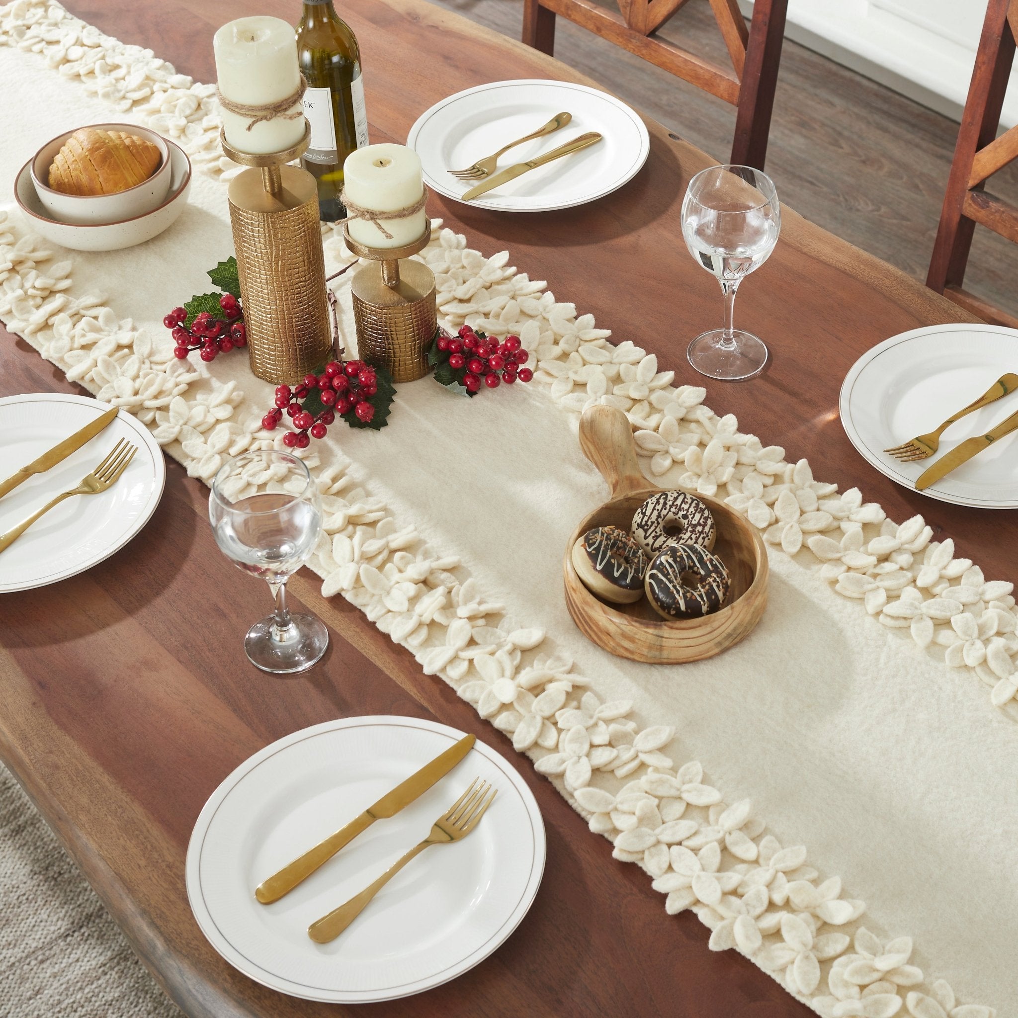 Hand Felted Wool Floral Border Table Runner Cream, 16x90"