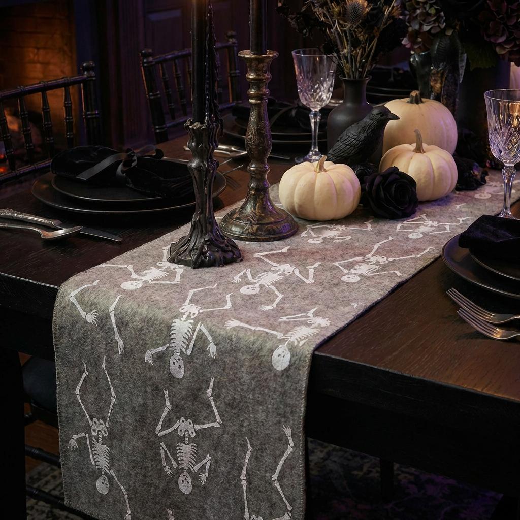 Hand Felted Wool Halloween Skeleton Table Runner - 16x72"