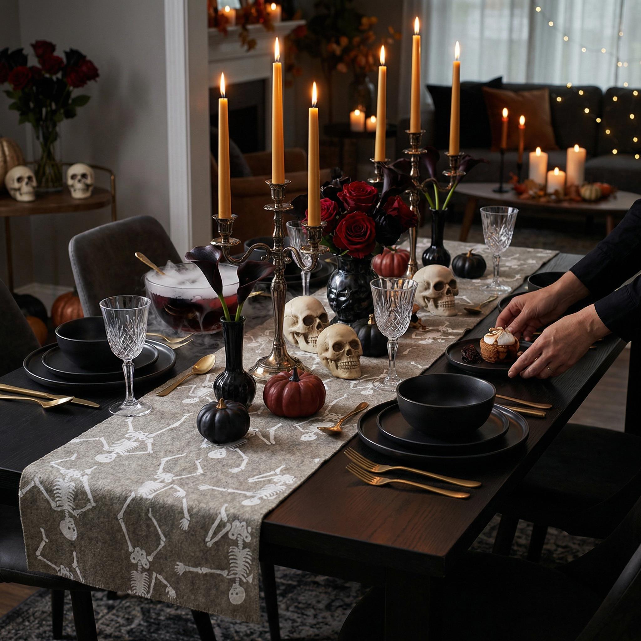 Hand Felted Wool Halloween Skeleton Table Runner - 16x72"