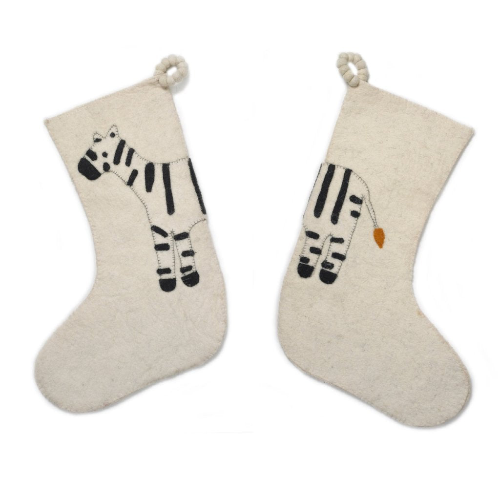 Hand Felted Wool Kids Christmas Stocking - Double Sided Zebra On Cream