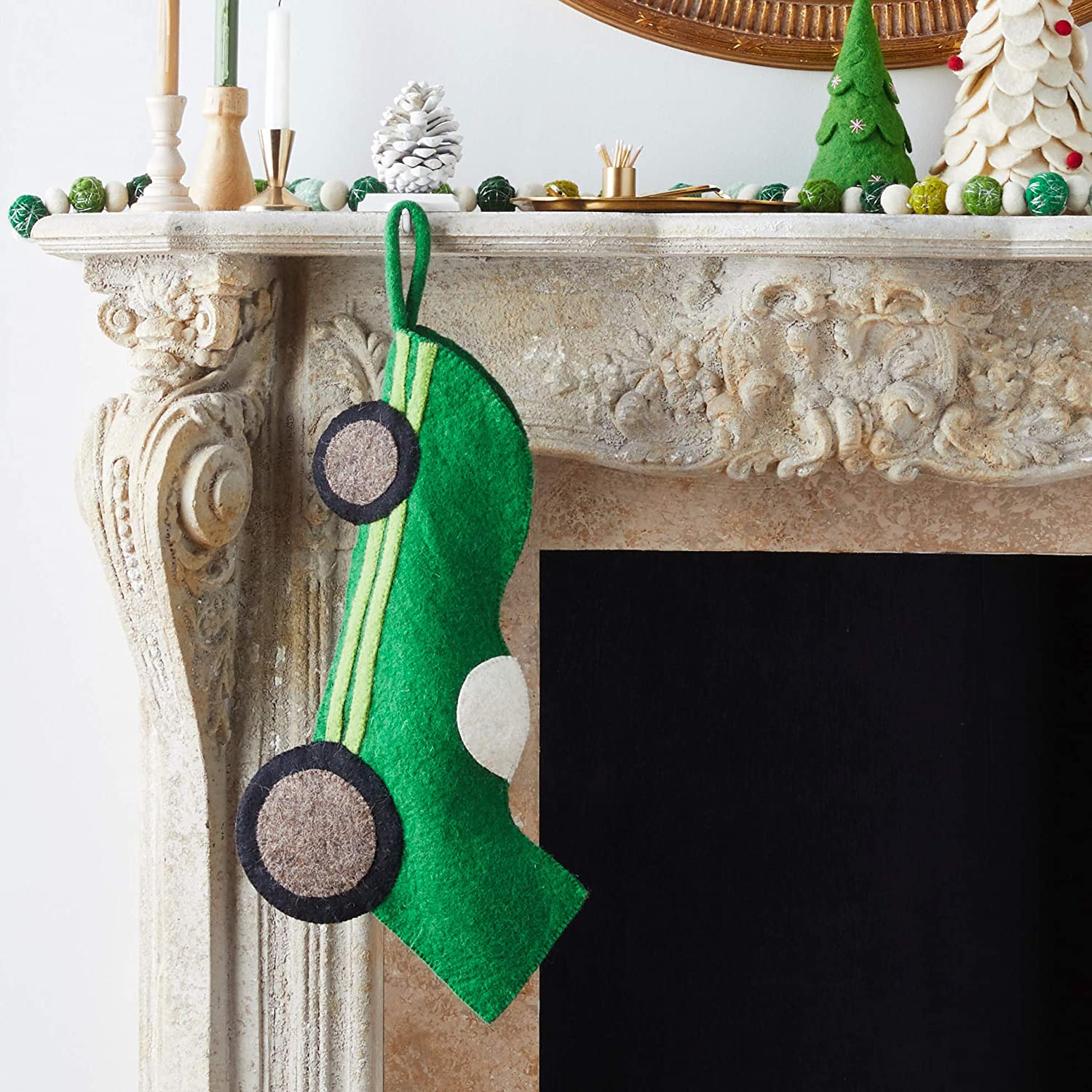 Kids Green Race Car Hand Felted Wool Christmas Stocking