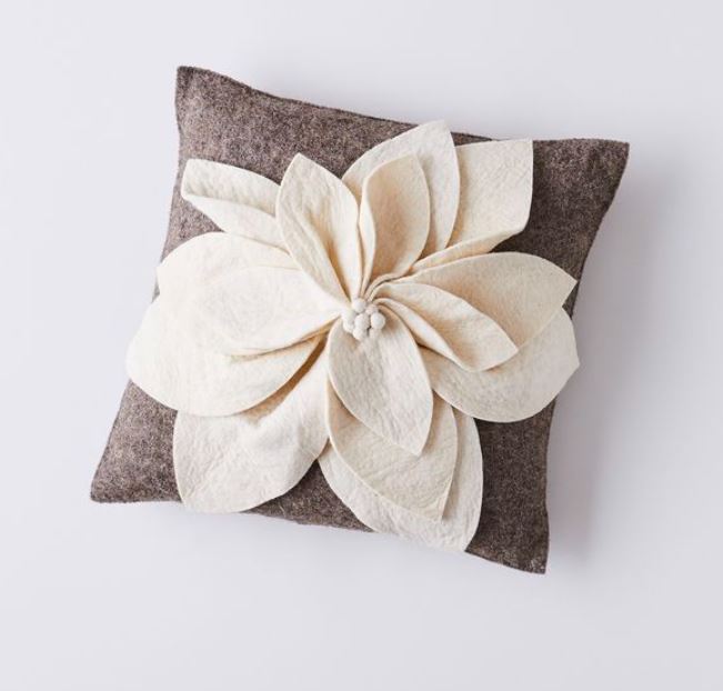 Hand Felted Wool Pillow - 3d Flower Cream Gray - 20"