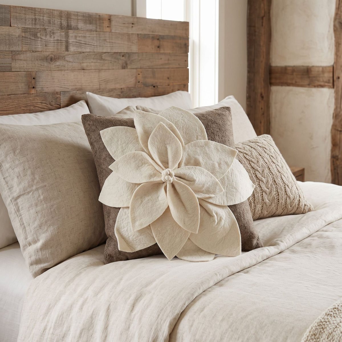 Hand Felted Wool Pillow - 3d Flower Cream Gray - 20"