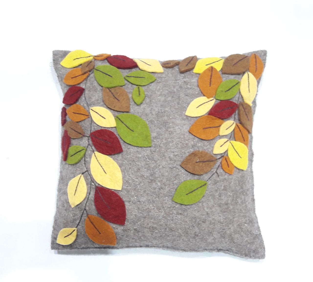 Hand Felted Wool Pillow Cover - Autumn Branches Grey - 20"