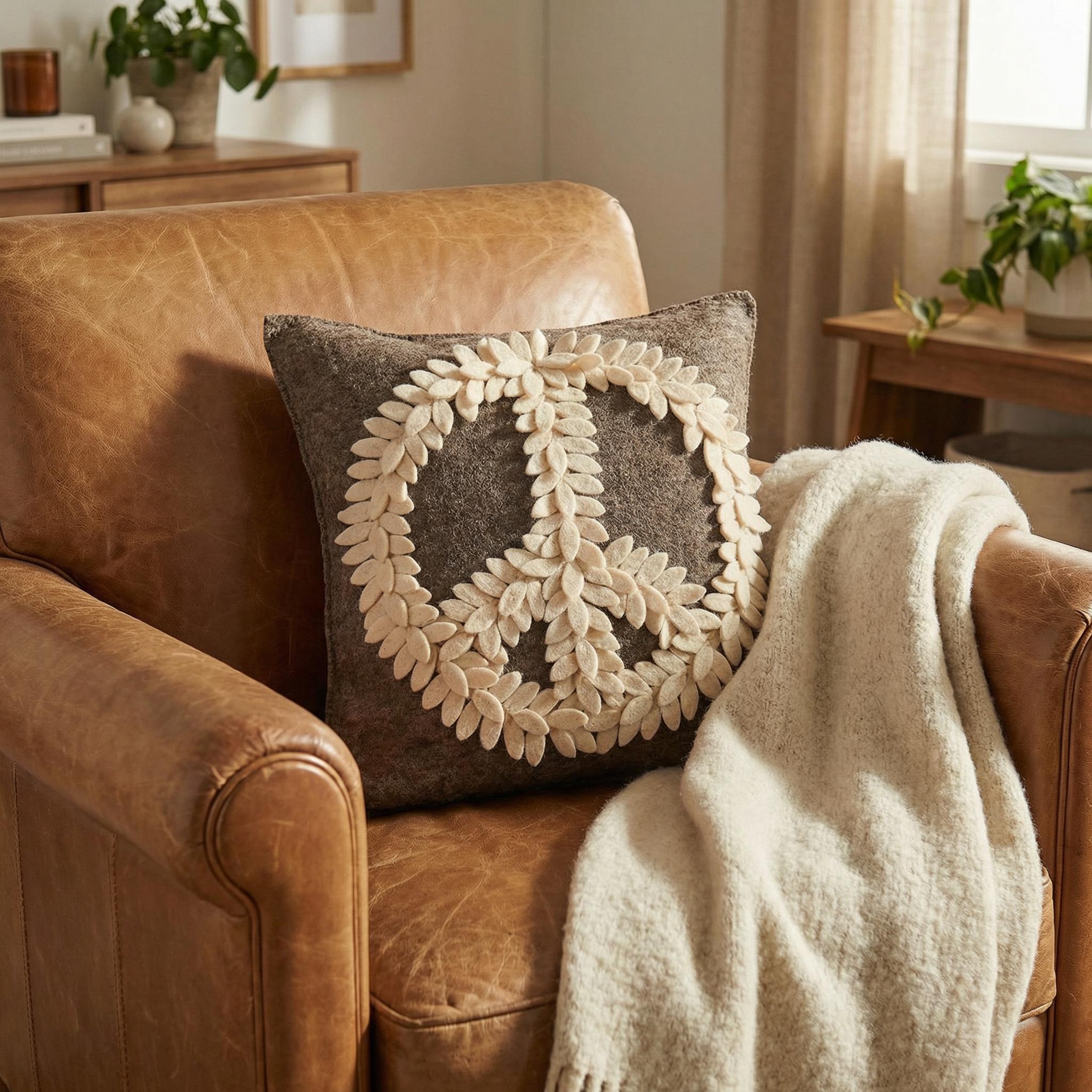 Hand Felted Wool Pillow Cover –cream Peace Sign Gray – 20”