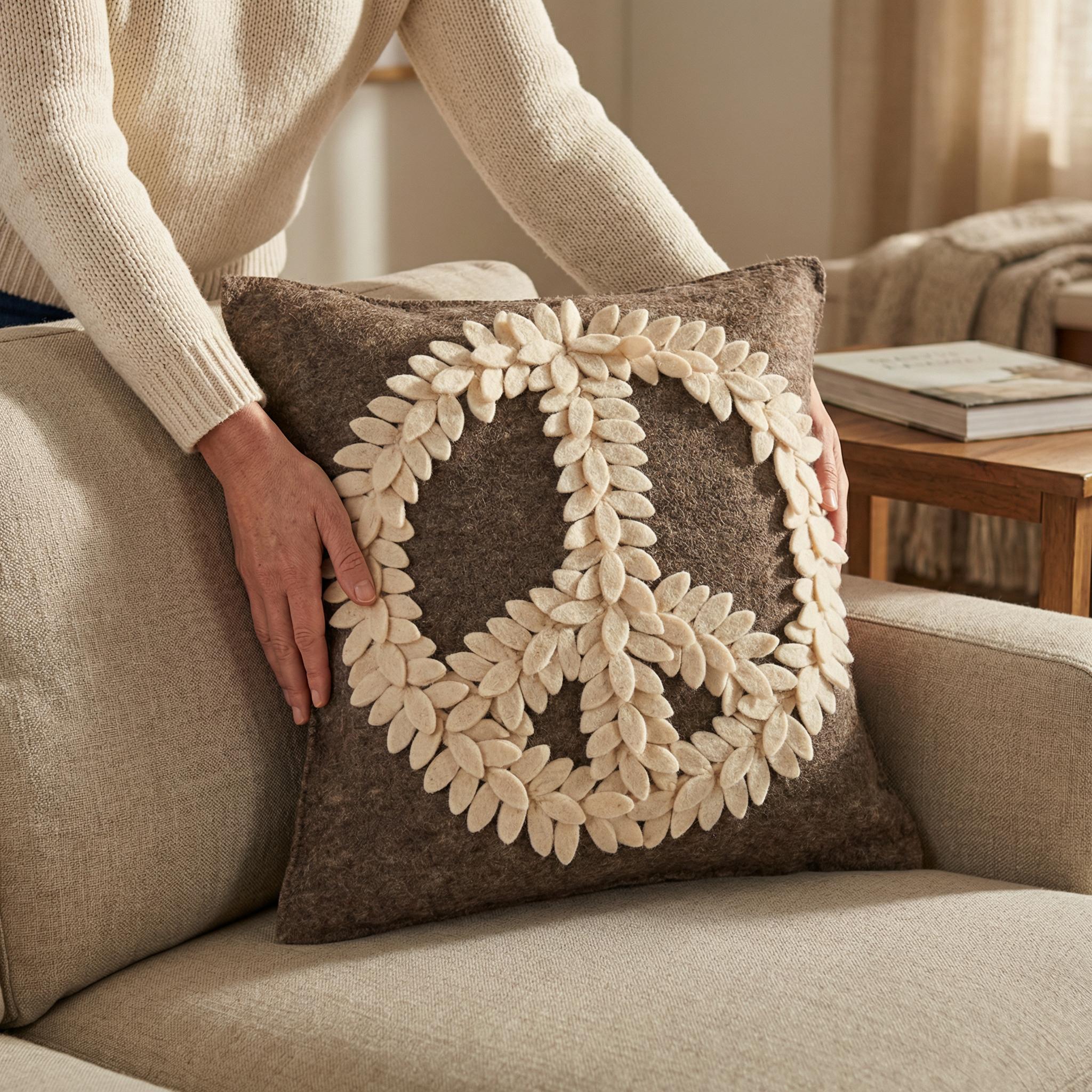 Hand Felted Wool Pillow Cover –cream Peace Sign Gray – 20”