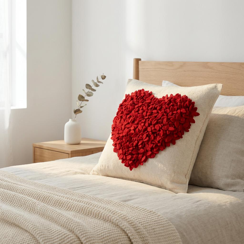 Hand Felted Wool Pillow Cover - Red Heart Cream - 20"