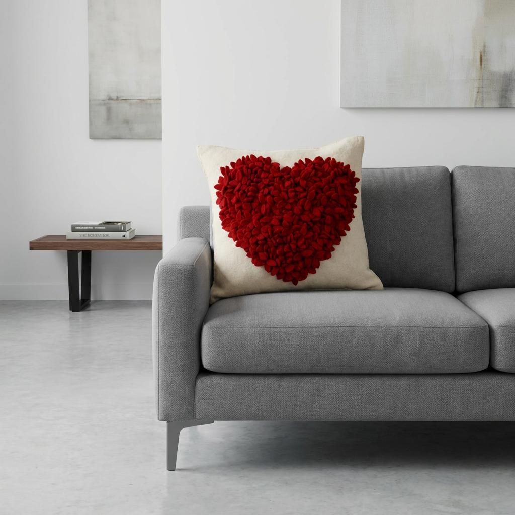 Hand Felted Wool Pillow Cover - Red Heart Cream - 20"