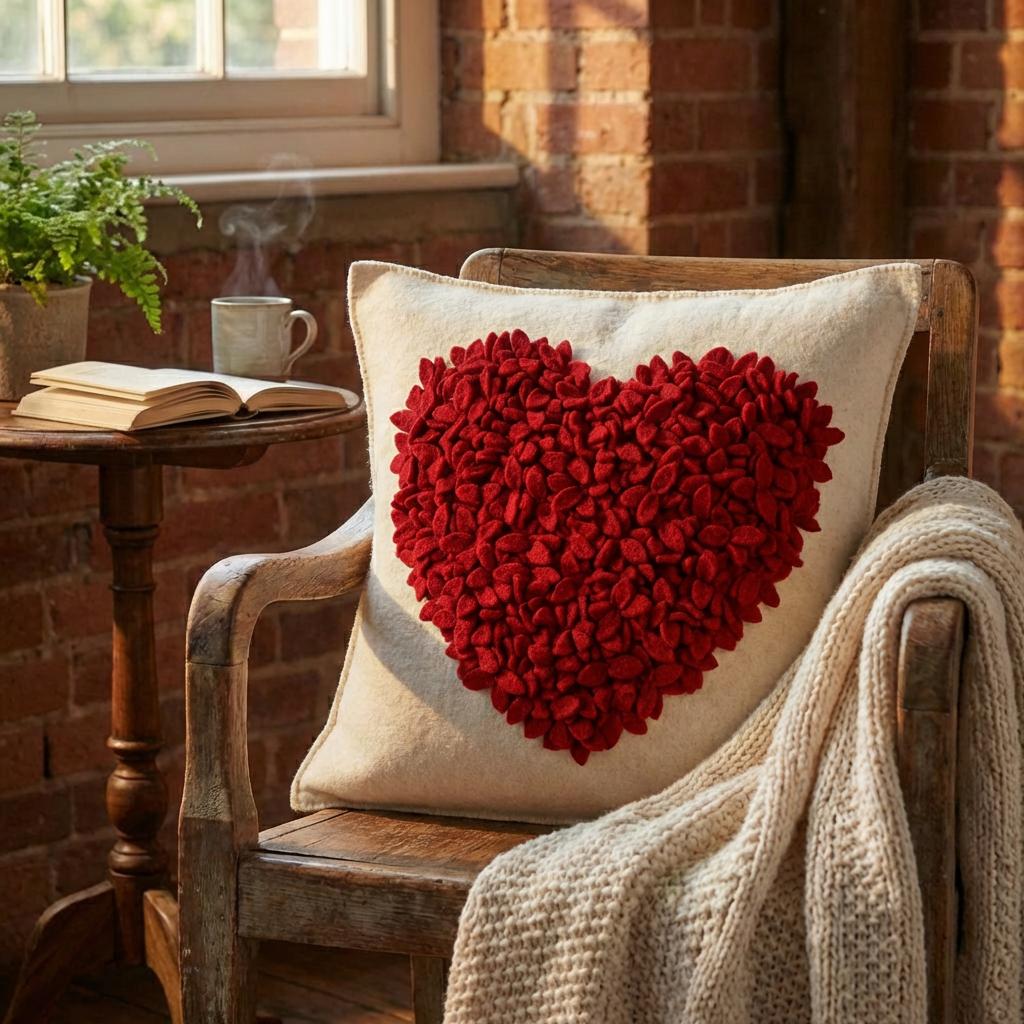 Hand Felted Wool Pillow Cover - Red Heart Cream - 20"
