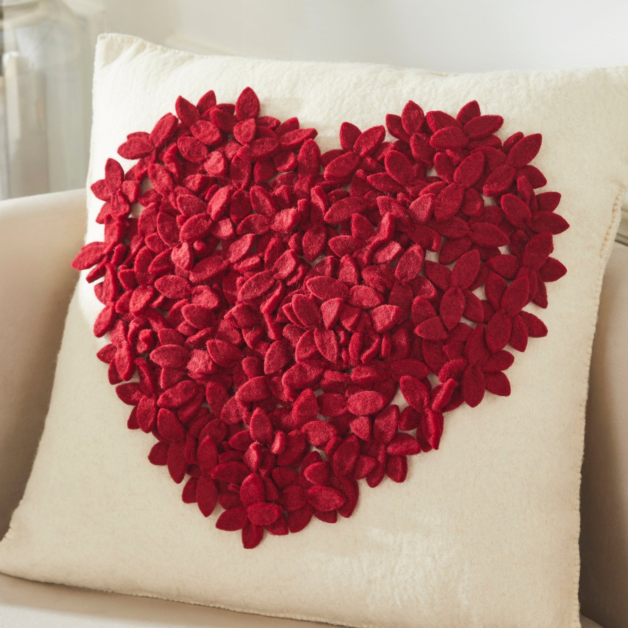 Hand Felted Wool Pillow Cover - Red Heart Cream - 20"