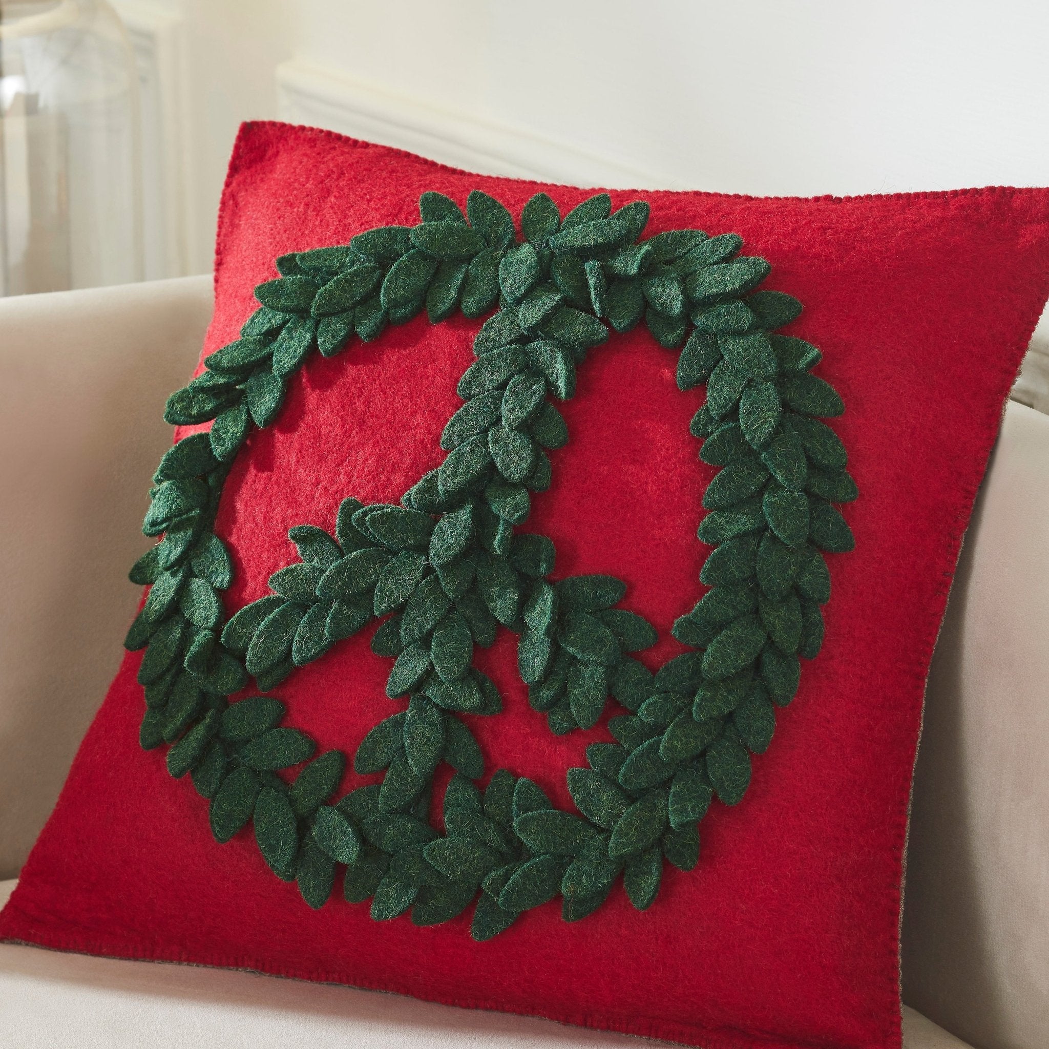Hand Felted Wool Pillow – Green Peace Sign Red – 20”