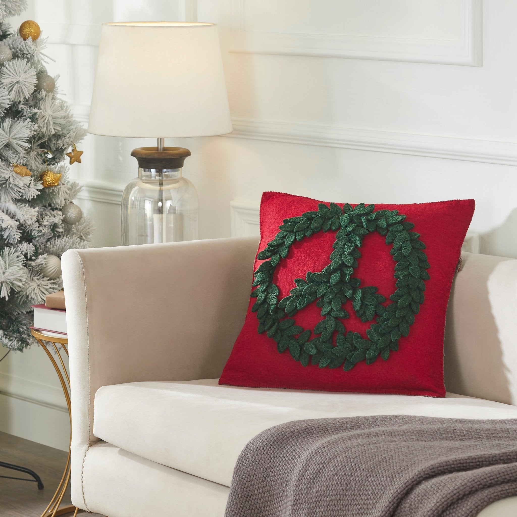Hand Felted Wool Pillow – Green Peace Sign Red – 20”