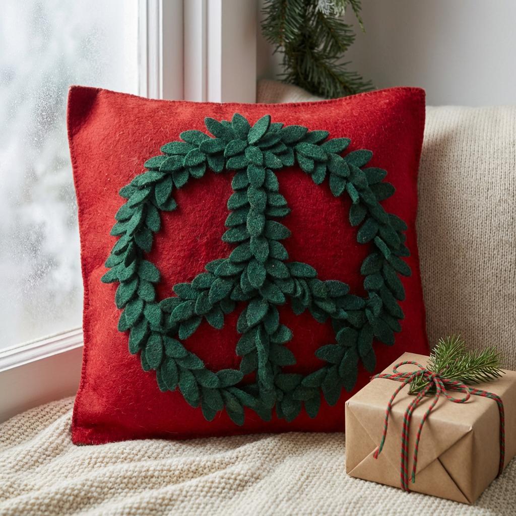 Hand Felted Wool Pillow – Green Peace Sign Red – 20”